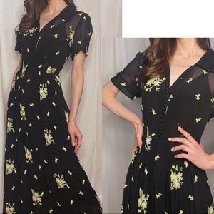 GHOST LONDON Black White Sheer Floral Embroidered Morova Button Down Maxi Dress